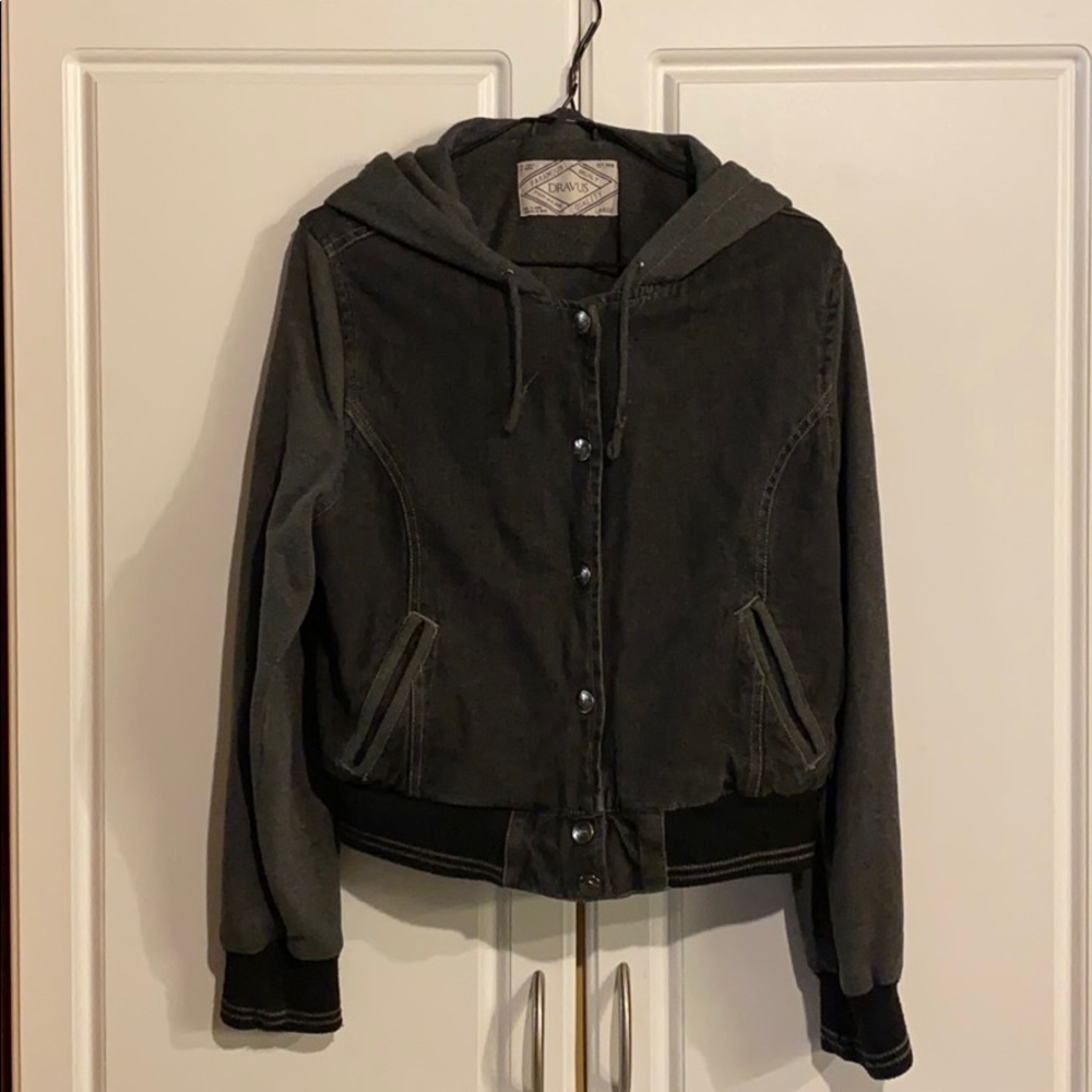 Black and Gray Dravus Denim Bomber Jacket w/ Hood